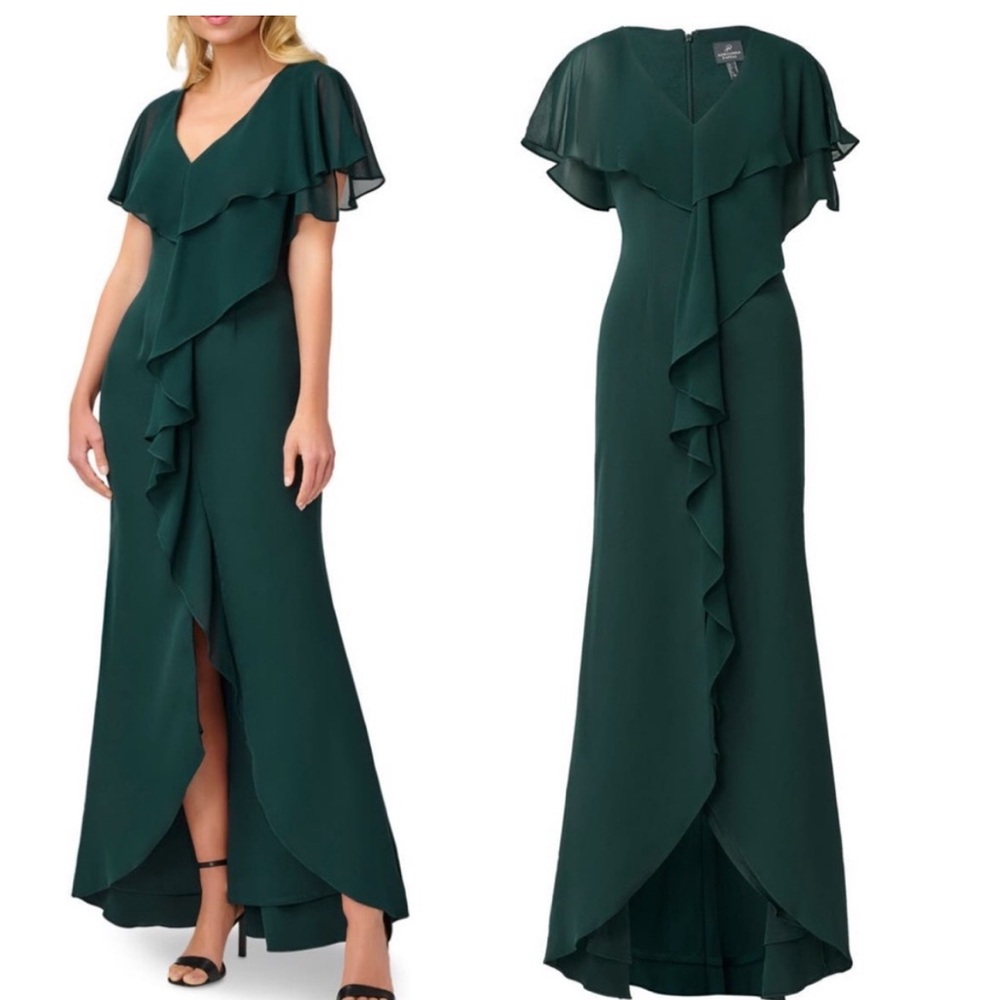 Adriana Papell Chiffon Overlay Crepe Mermaid Gown Dress size 10